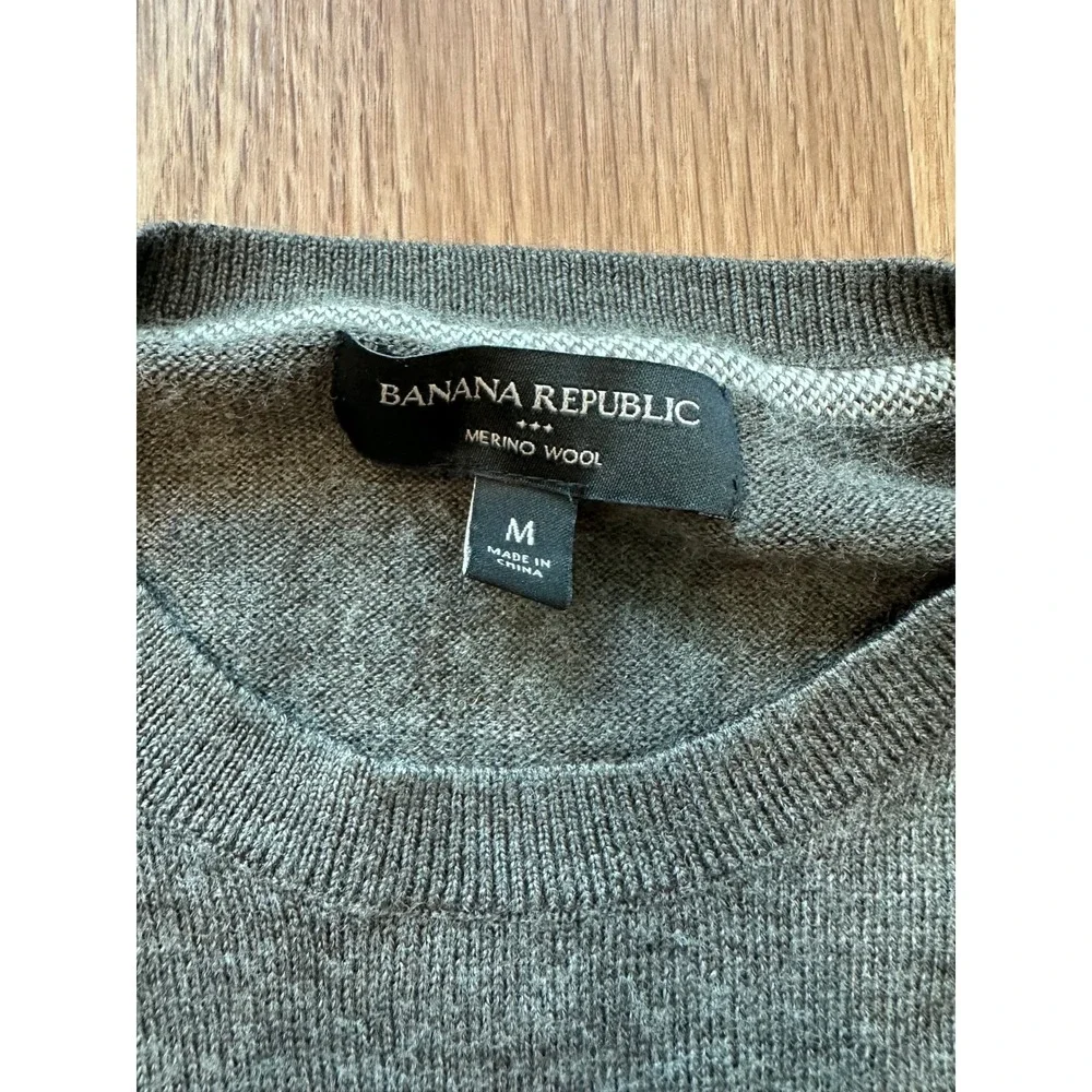 Banana Republic Mens Merino Wool Crewneck Sweater Green Elbow Patches Size M